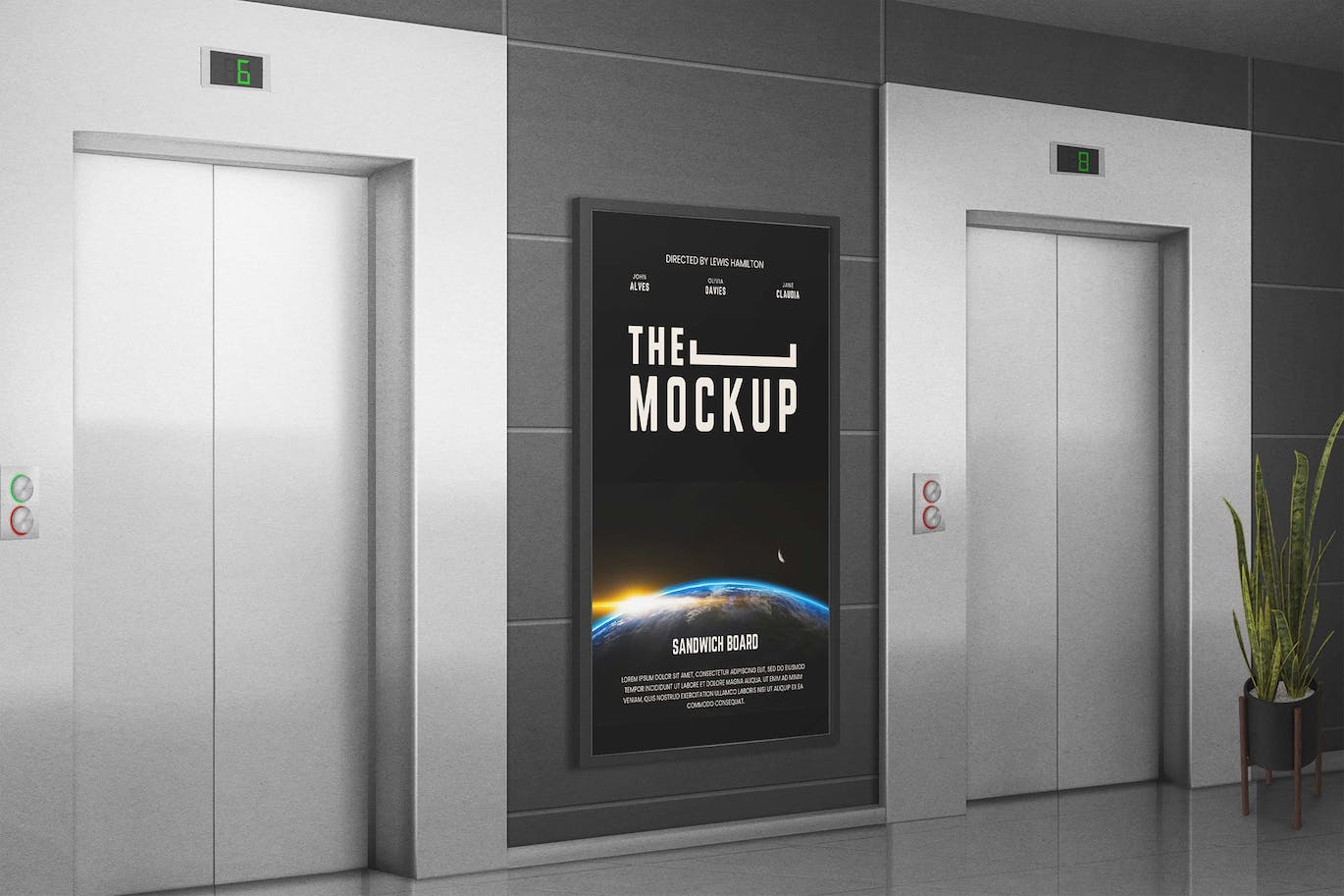 电梯等候广告牌样机 Billboard Wall Elevator Mockup