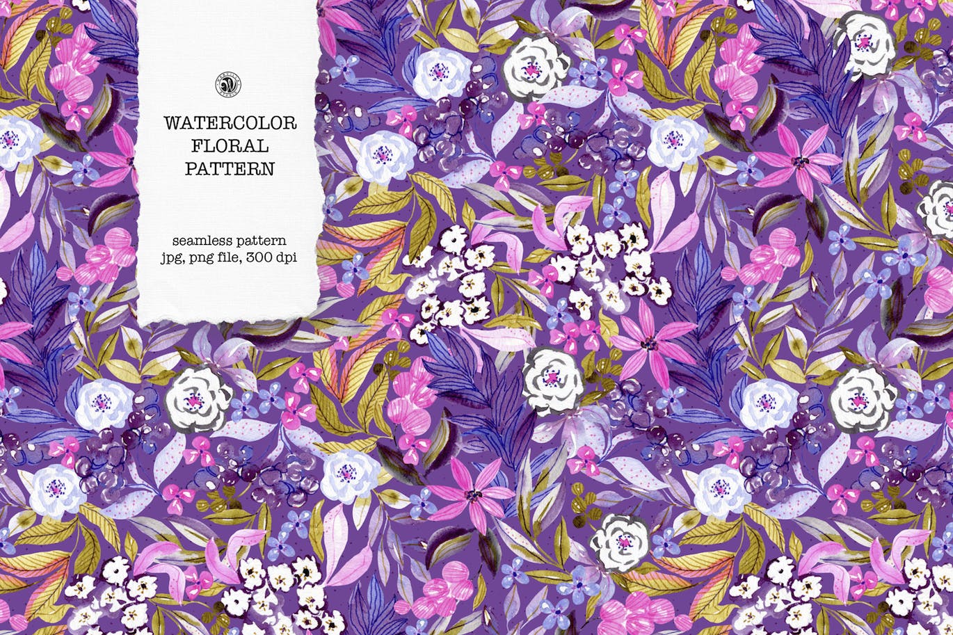 紫色花卉水彩图案纹理素材 Purple Watercolor Pattern