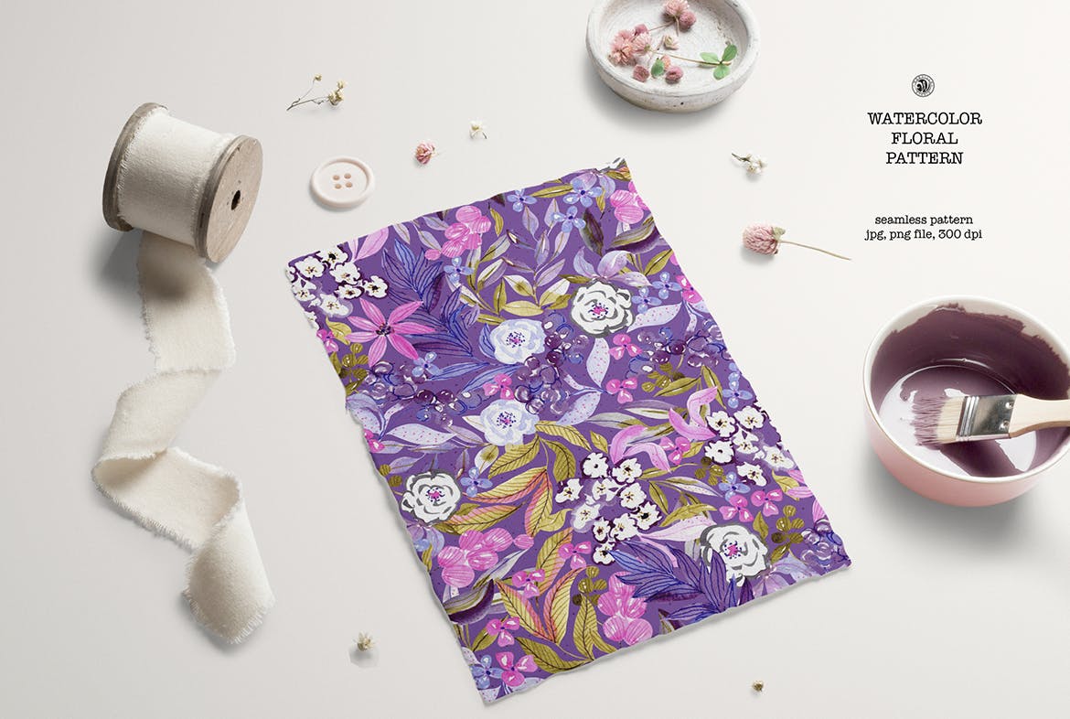 紫色花卉水彩图案纹理素材 Purple Watercolor Pattern