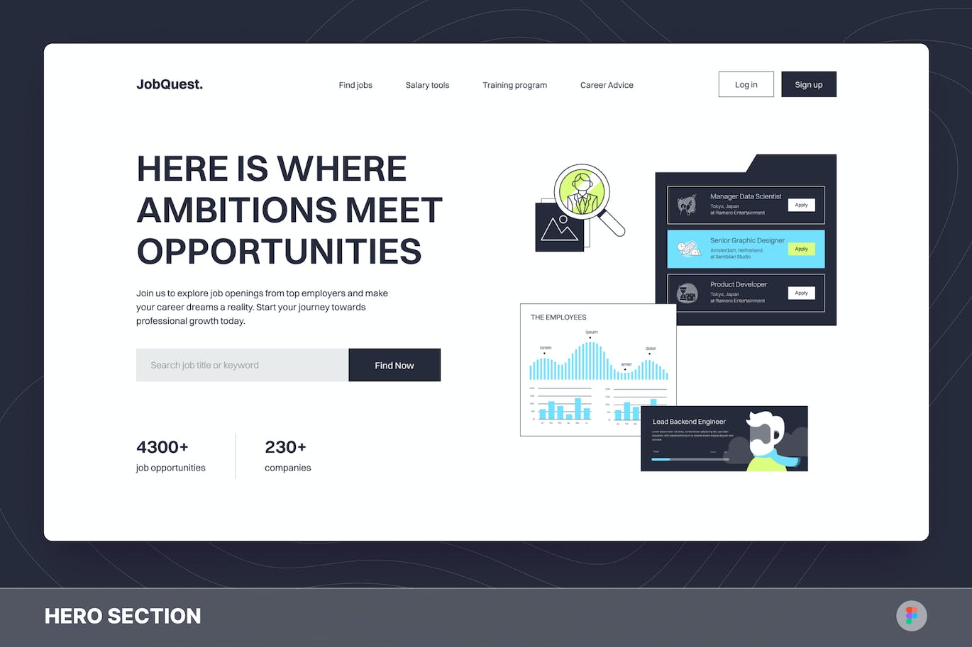 求职网站/招聘网站Hero部分 Figma 模板 JobQuest &#8211; Job Finder Hero Section Figma Template