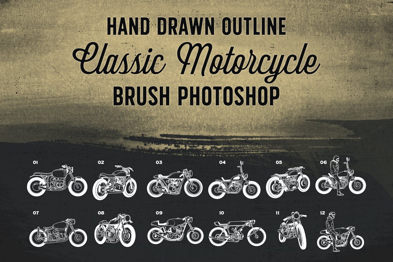 手绘经典摩托车轮廓笔刷 Hand Drawn Outline Classic Motorcycle Brush