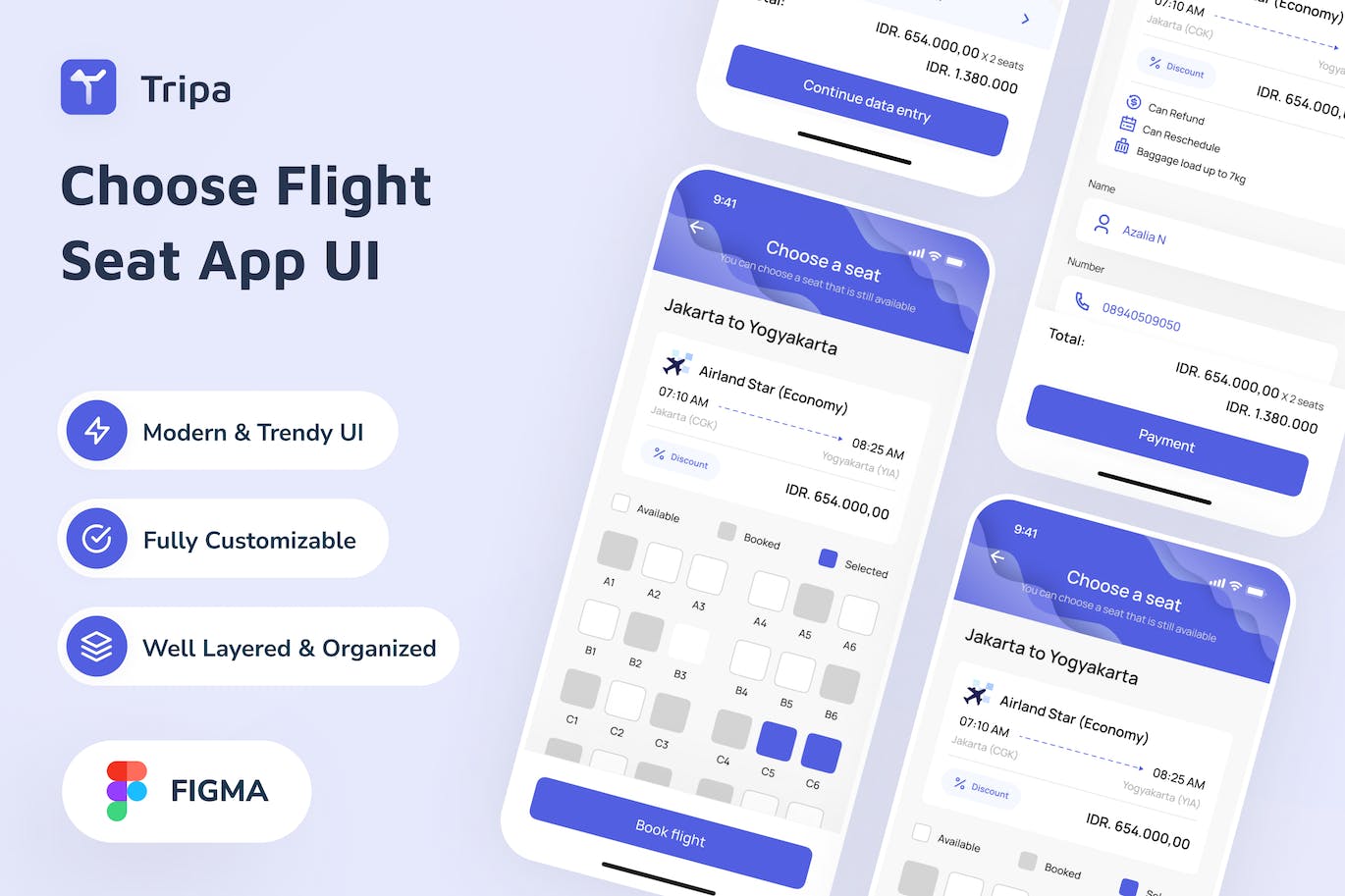 航班值机/航班座位应用程序Figma模板 Tripa &#8211; Choose Flight Seat App UI