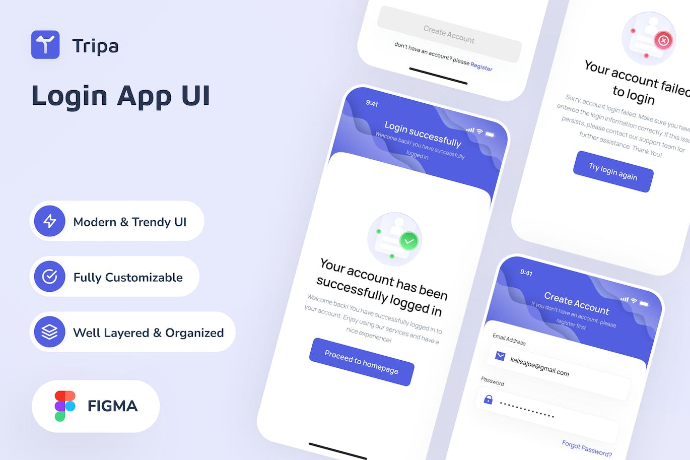 手机APP登录应用程序 UI 设计 Figma 模板 Tripa &#8211; Login App UI