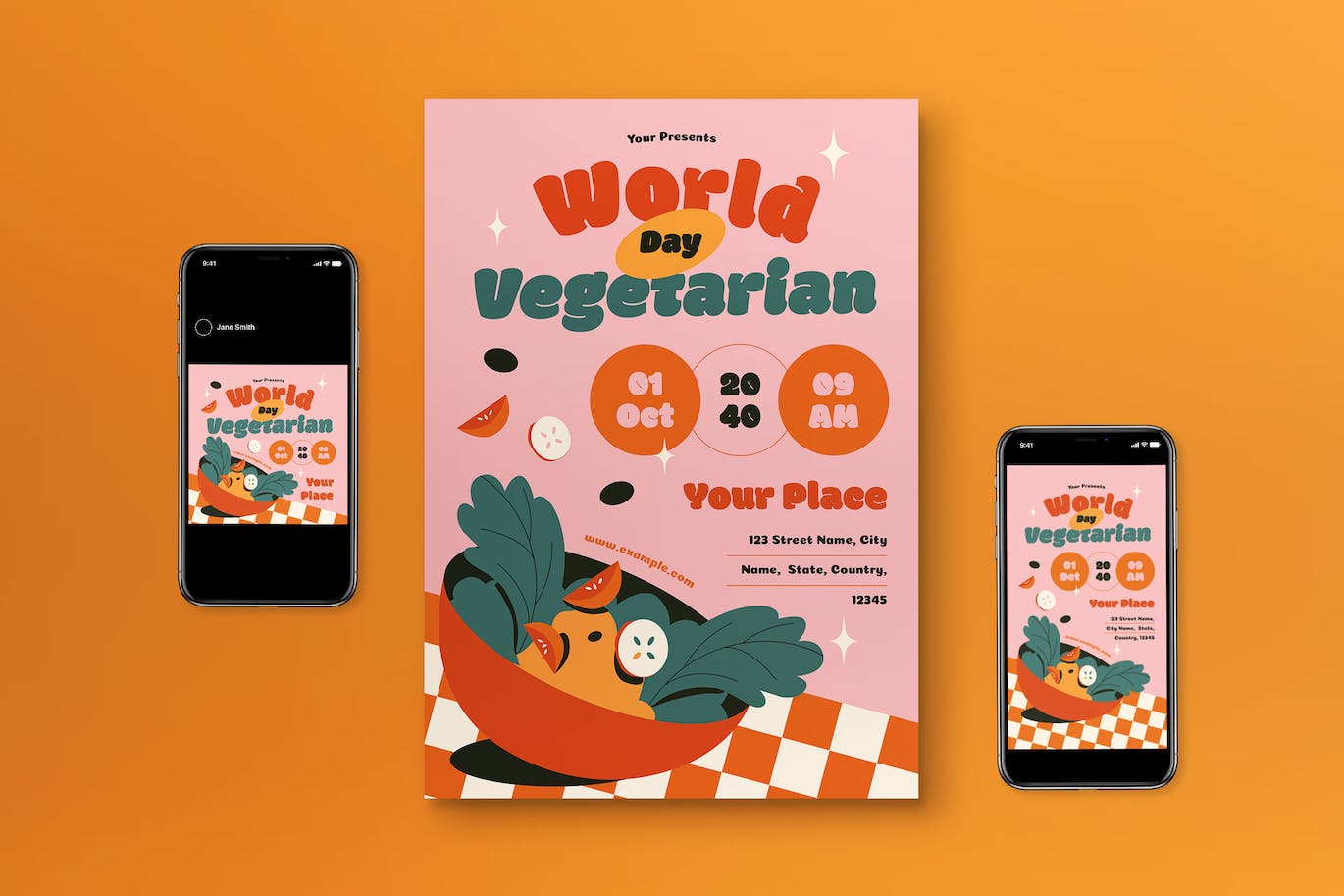 粉红色平面设计世界素食日传单套装 Pink Flat Design World Vegetarian Day Flyer Set