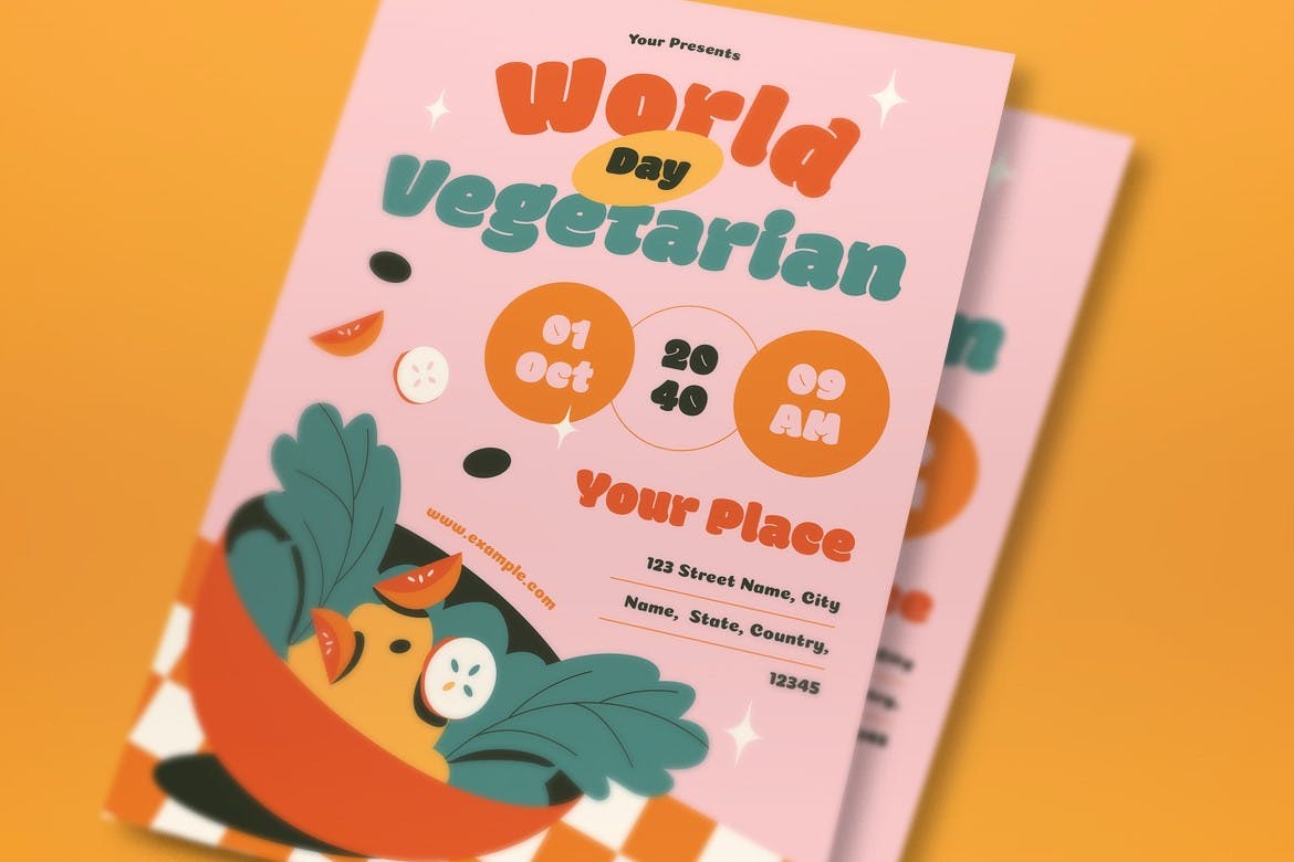 粉红色平面设计世界素食日传单套装 Pink Flat Design World Vegetarian Day Flyer Set