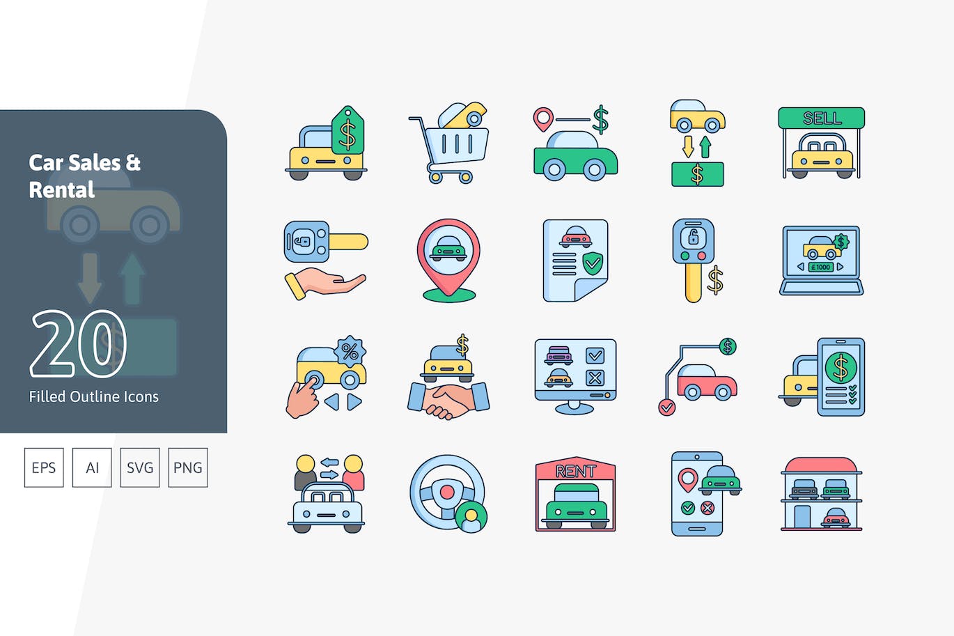 汽车销售和租赁填充轮廓图标 Car Sales and Rental &#8211; Filled Outline Icons