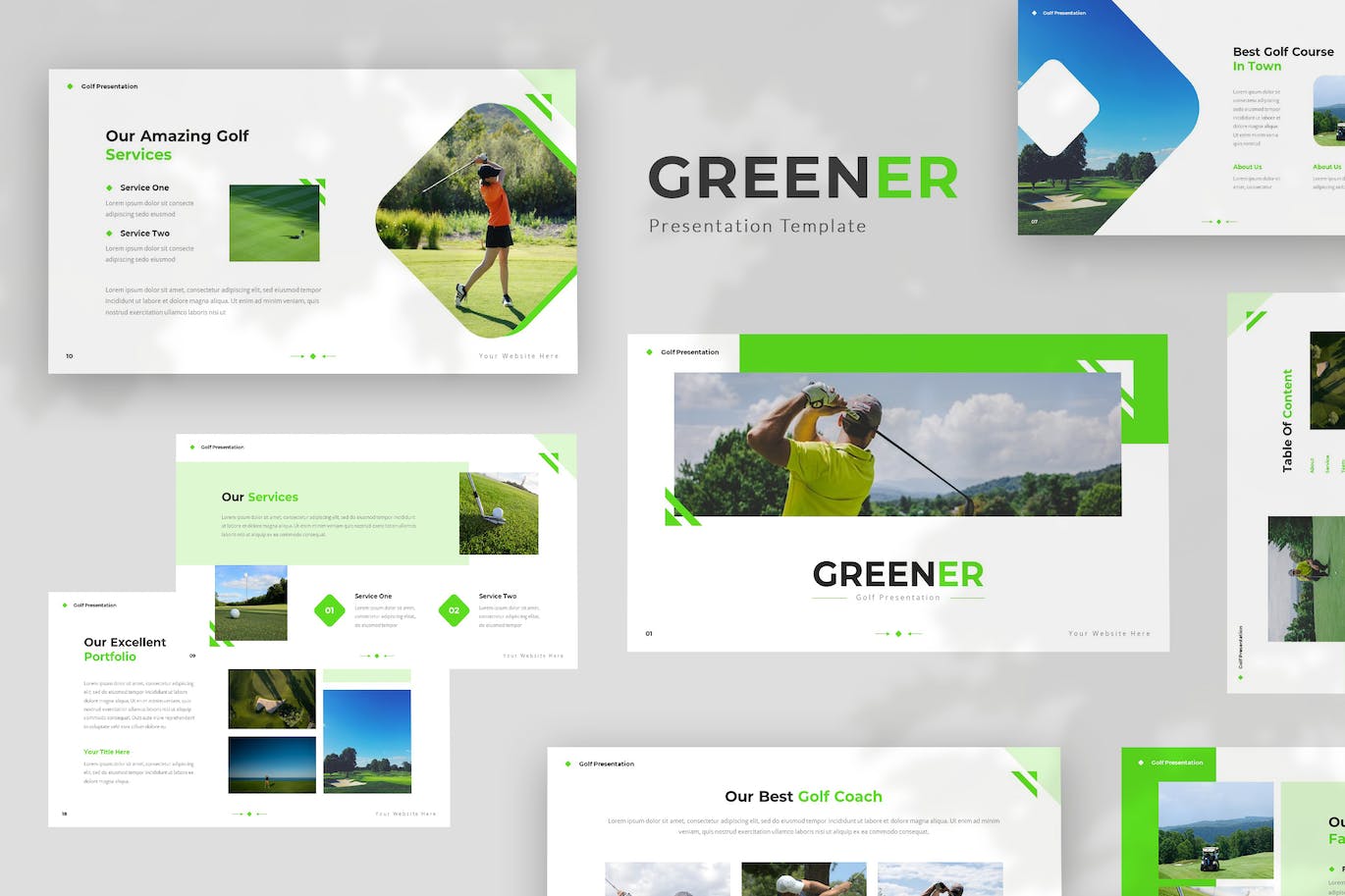 高尔夫运动&#038;品牌推广 Powerpoint 模板 Greener — Golf Powerpoint Template