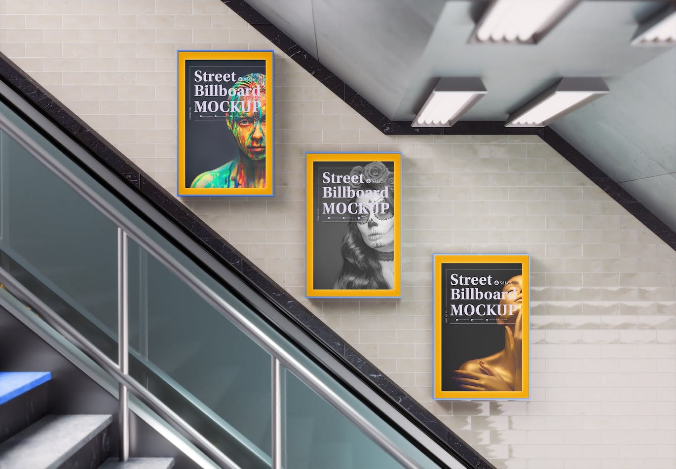 地铁场景广告海报样机 Subway Scene with 3 Advertisement Posters Mockup