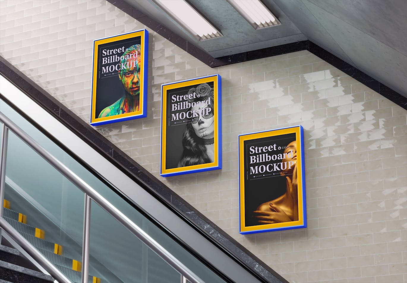 地铁场景广告海报样机 Subway Scene with 3 Advertisement Posters Mockup