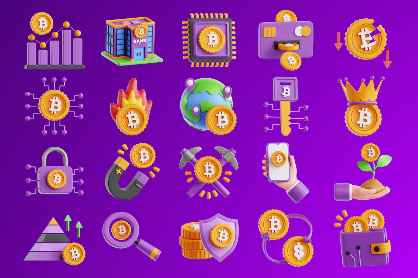 比特币-3D 图标集 Bitcoin &#8211; 3D Icon Set