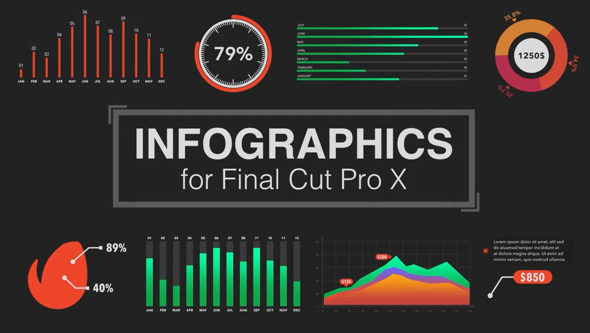 FCPX插件：157个趣味实用极简信息数据图表展示预设动画（9418） -