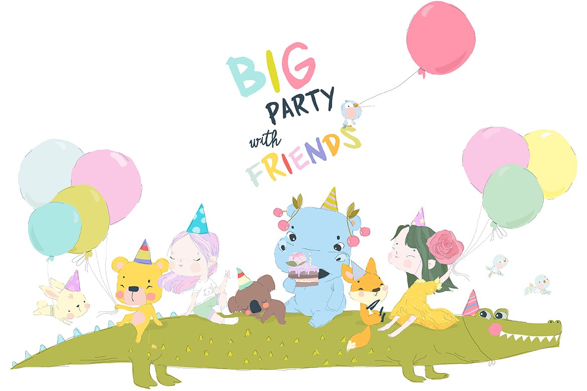 与可爱的动物一起举办生日周年纪念派对矢量插画 Birthday Anniversary Party with Cute Animals