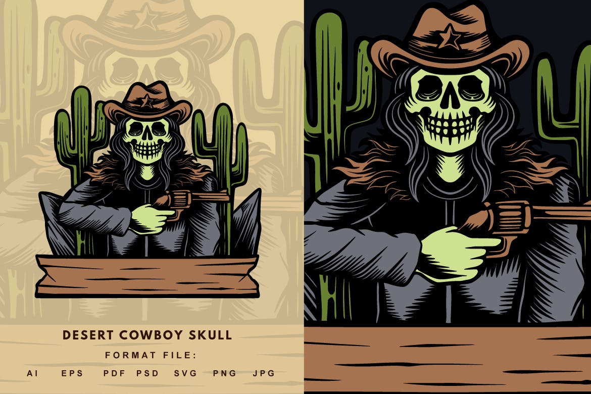 沙漠牛仔头骨徽标徽章设计模板 Desert Cowboy Skull