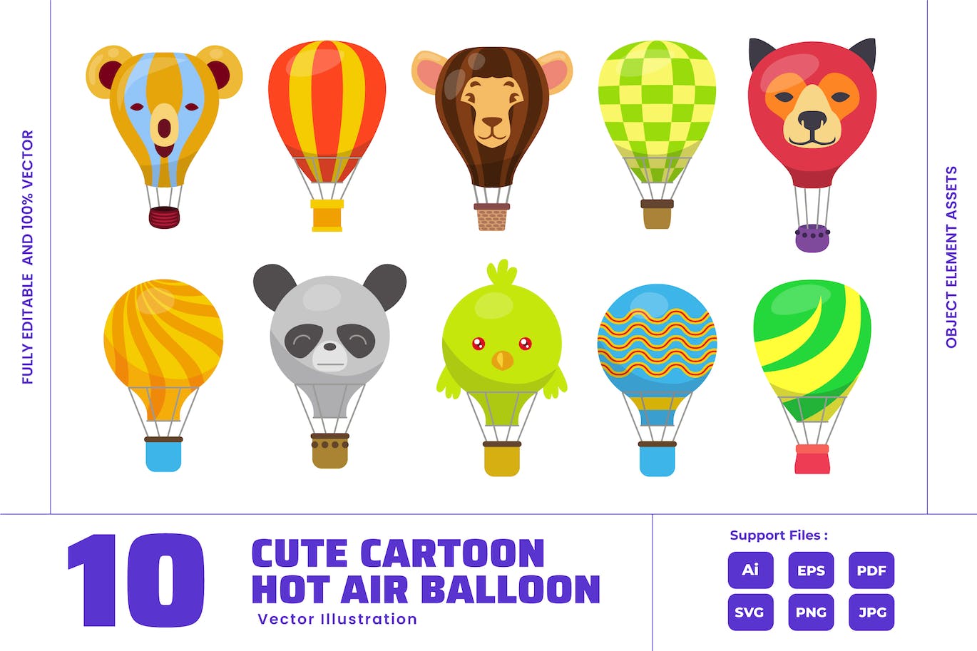 热气球可爱卡通矢量图形 Hot Air Balloon &#8211; Cute Animal Vacation Transport