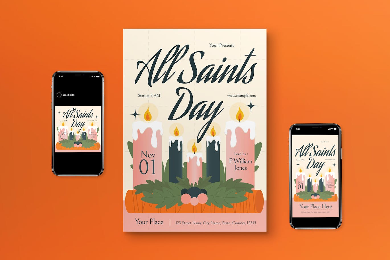 白色扁平设计风万圣节节日传单模板 White Flat Design All Saints Day