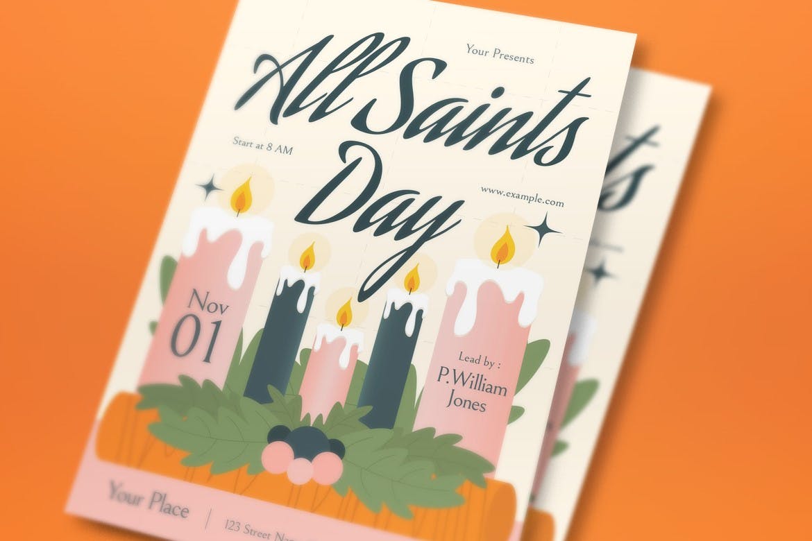 白色扁平设计风万圣节节日传单模板 White Flat Design All Saints Day