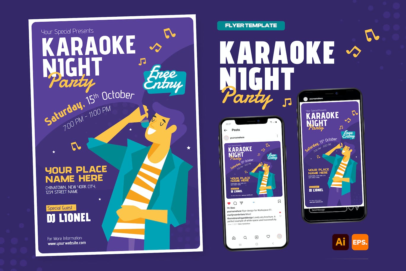 卡拉OK音乐之夜派对活动传单模板 Karaoke Music Night Party Event Flyer Template