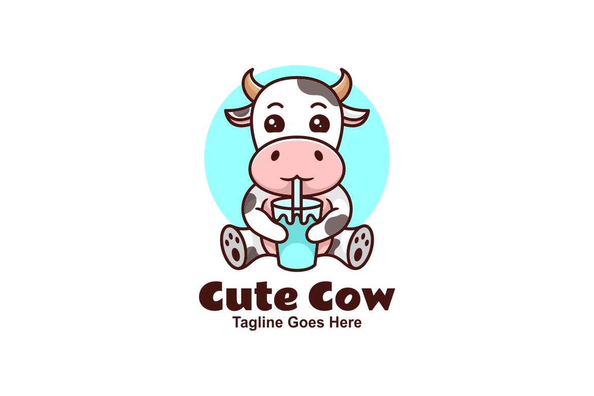 可爱的奶牛吉祥物卡通标志模板 Cute Caw Mascot Cartoon Logo