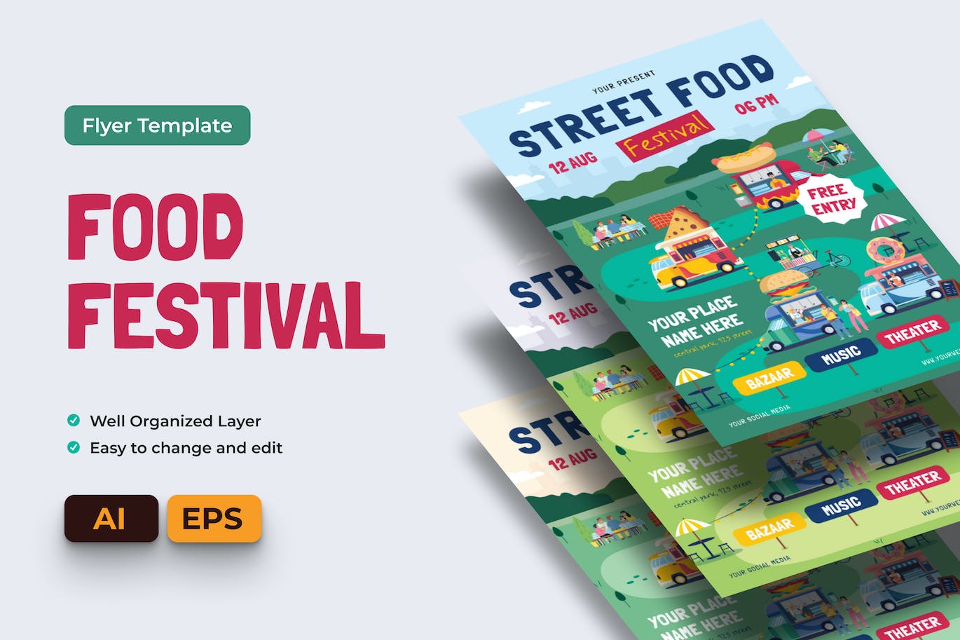 季节性美食节传单 Ai &#038; EPS 模板 Seasonal Food Festival Flyer Ai &#038; EPS Template