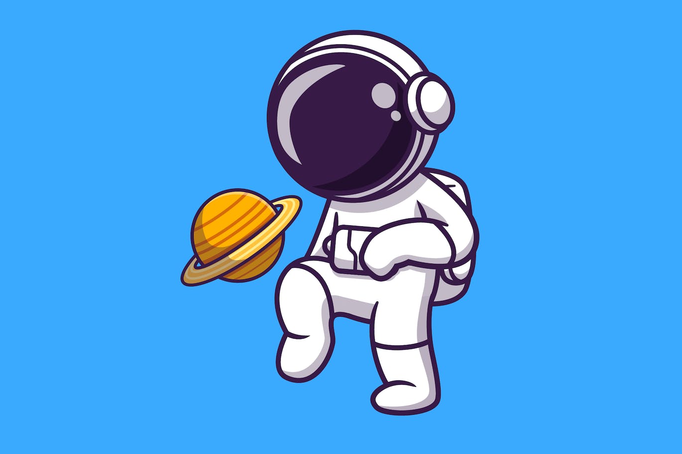 宇航员踢足球矢量卡通插画 Cute Astronaut Playing Soccer Planet Cartoon