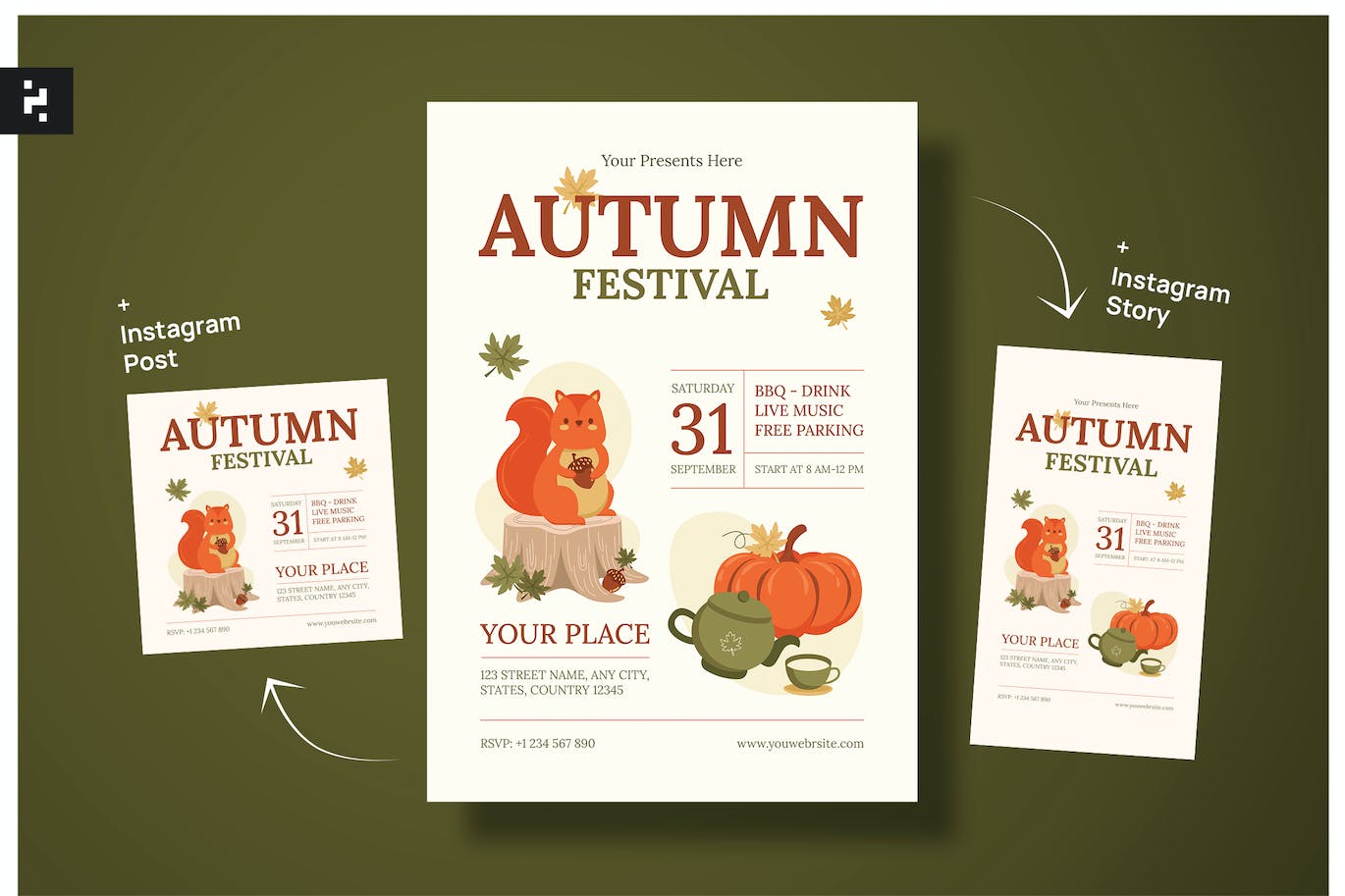 可爱中秋节卡通风格传单模板 Cute Autumn Festival Flyer