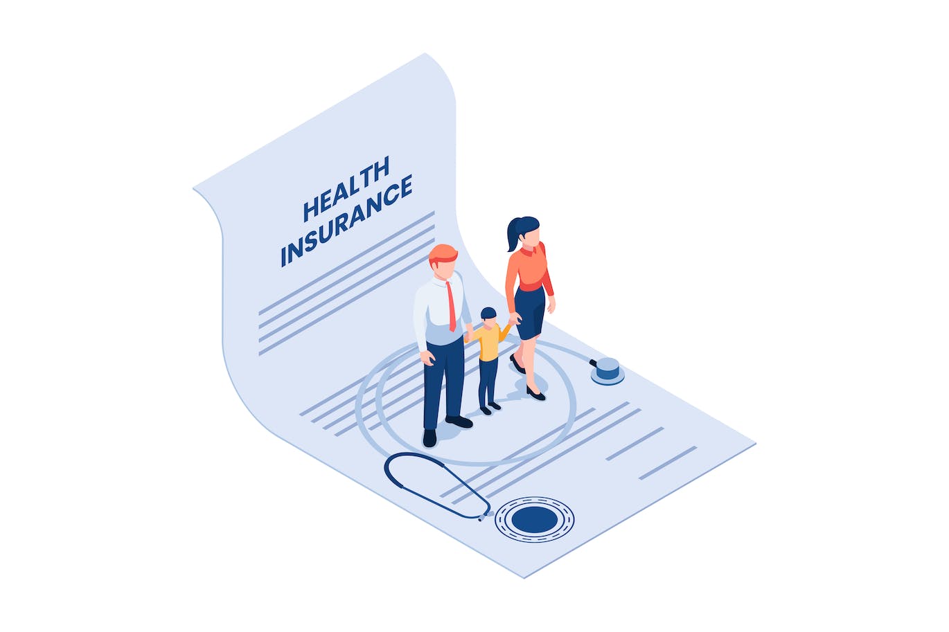 家庭健康保险文件等距插画 Isometric family on health insurance document