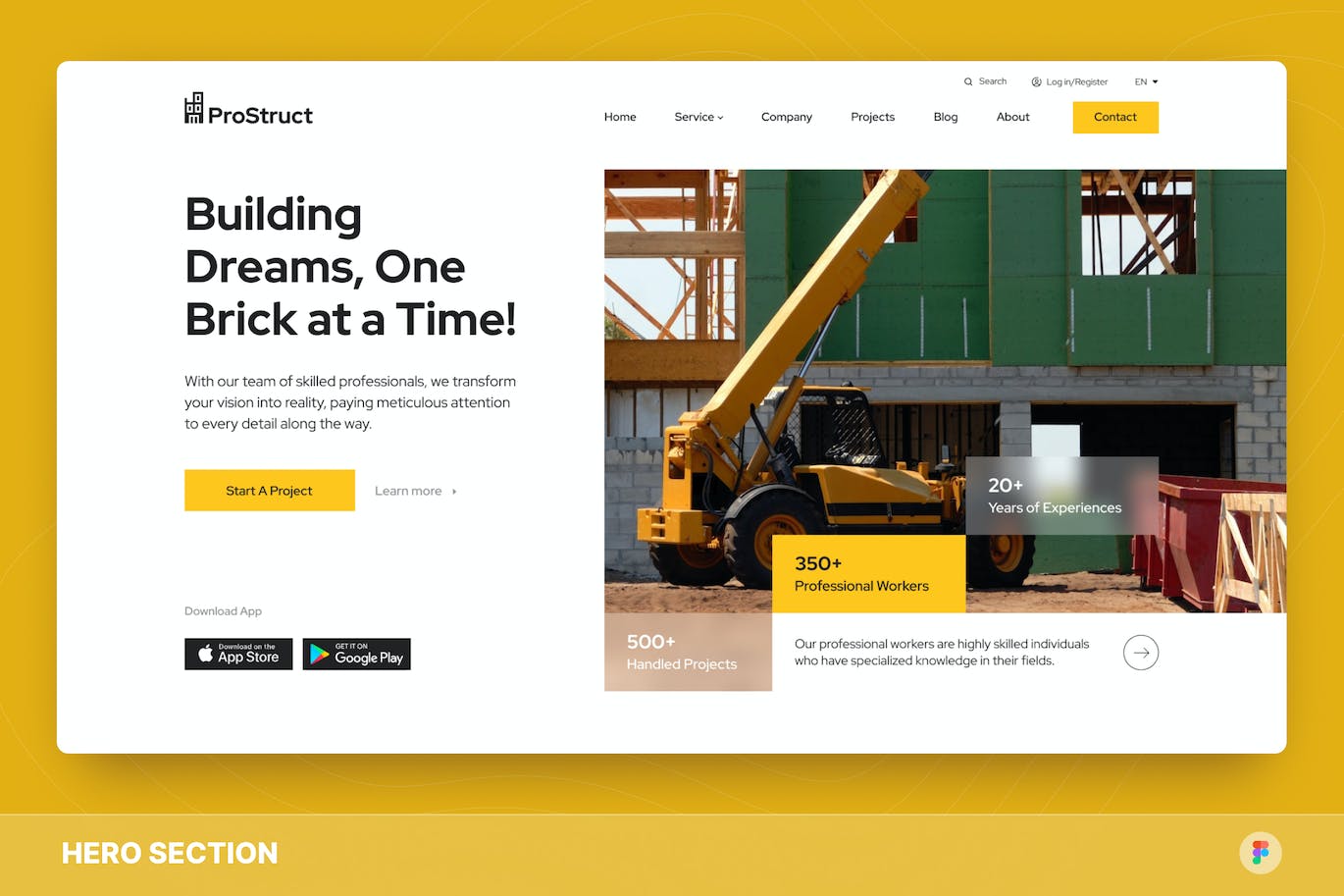 建筑公司网站设计巨无霸设计Figma模板 ProStruct – Construction Company Hero Section