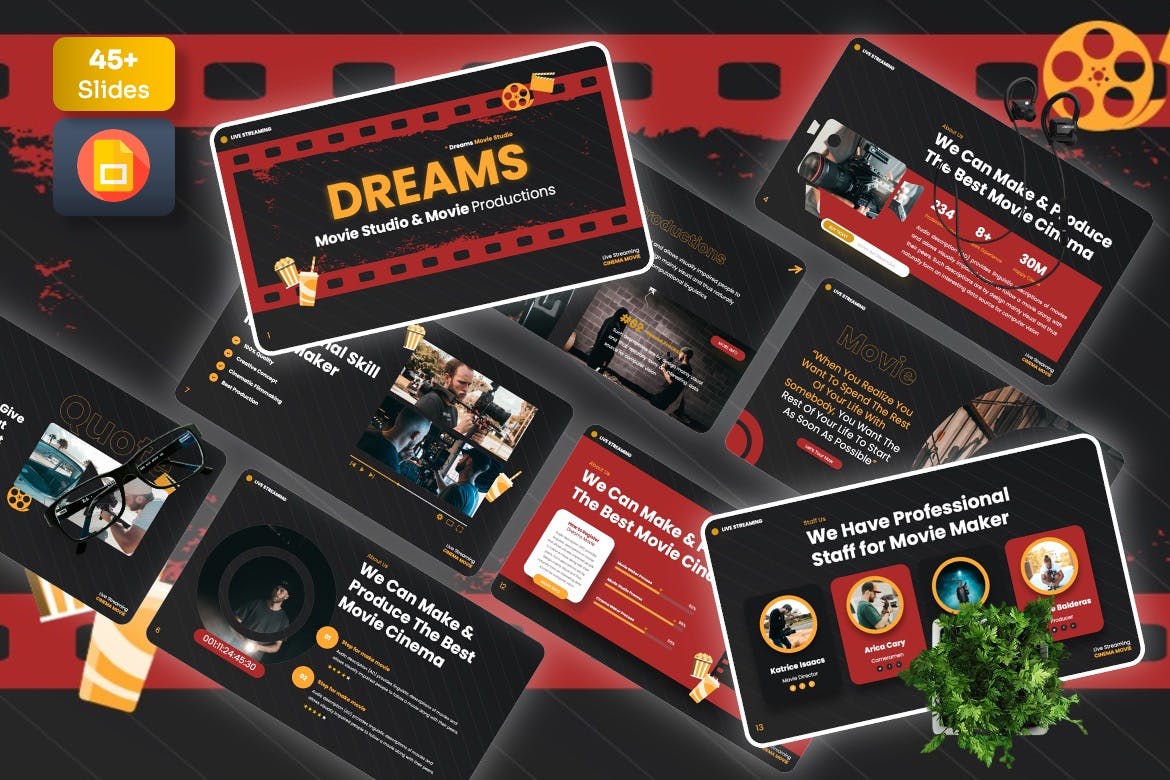 电影/影音工作室 Googleslide 幻灯片模板 Dreams &#8211; Movie Studio Googleslide Template