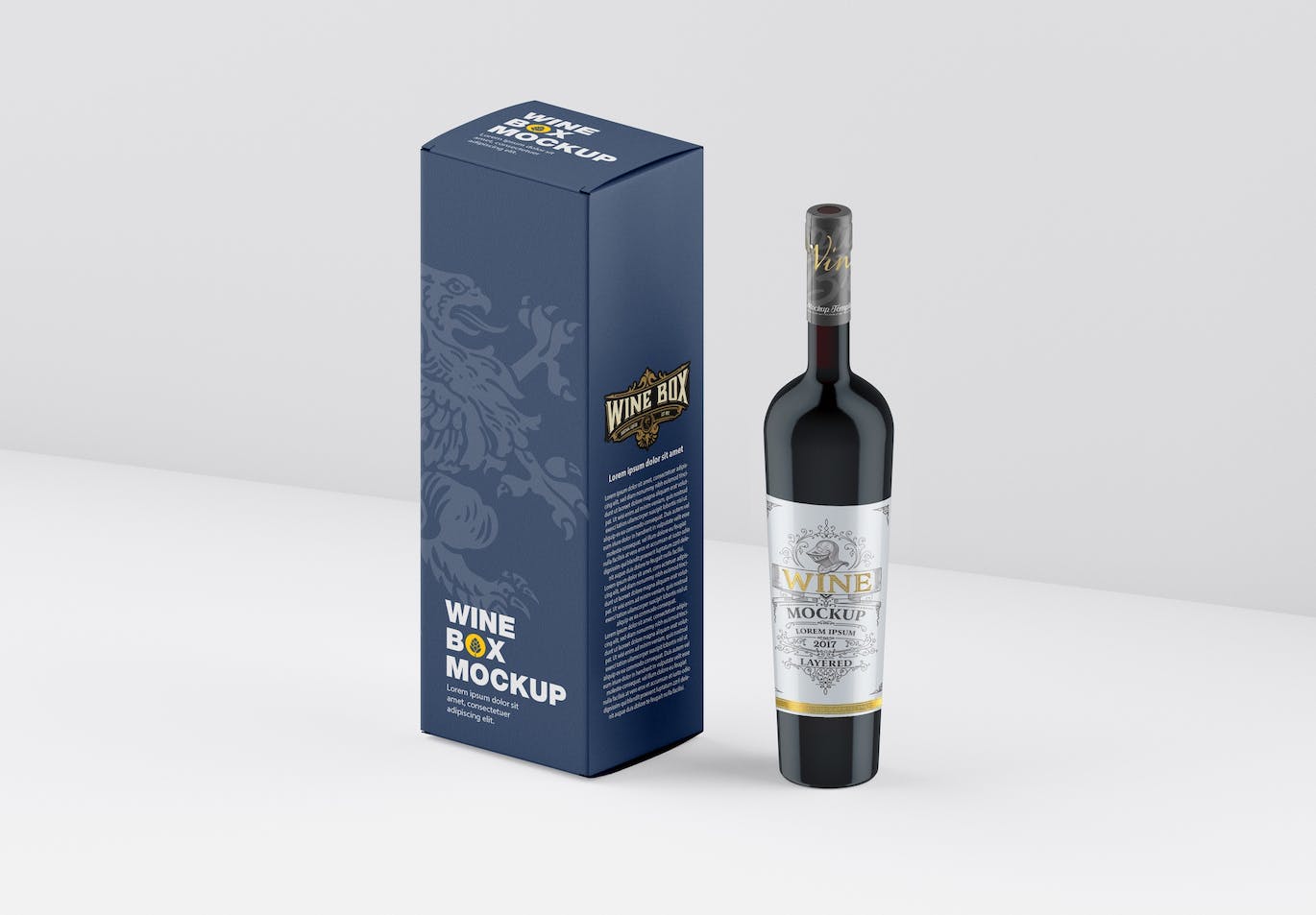 酒瓶和包装设计预览样机 Set Box and Wine Bottles Mockup