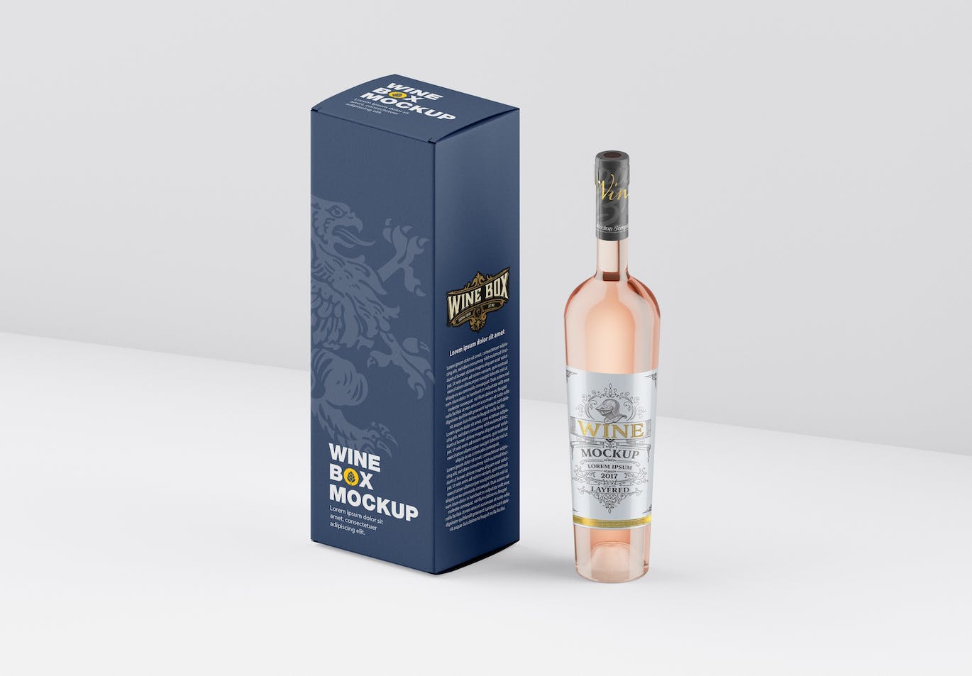 酒瓶和包装设计预览样机 Set Box and Wine Bottles Mockup