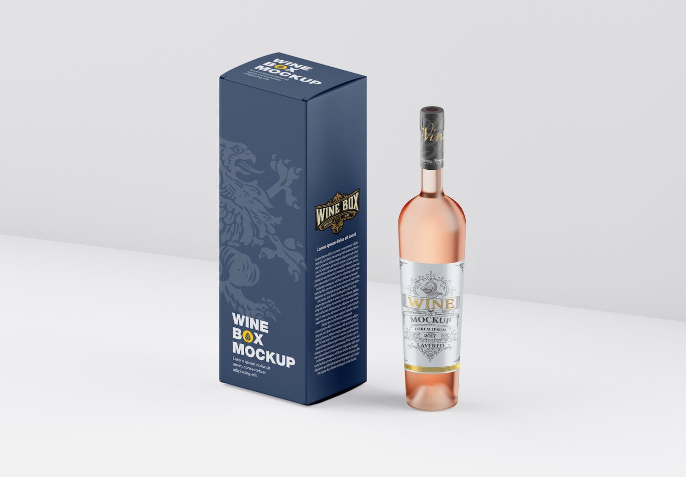 酒瓶和包装设计预览样机 Set Box and Wine Bottles Mockup