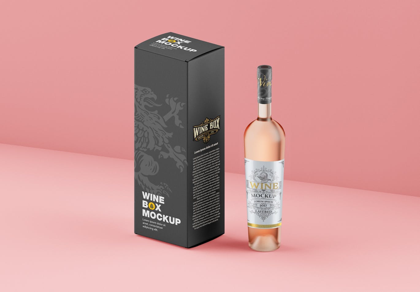 酒瓶和包装设计预览样机 Set Box and Wine Bottles Mockup