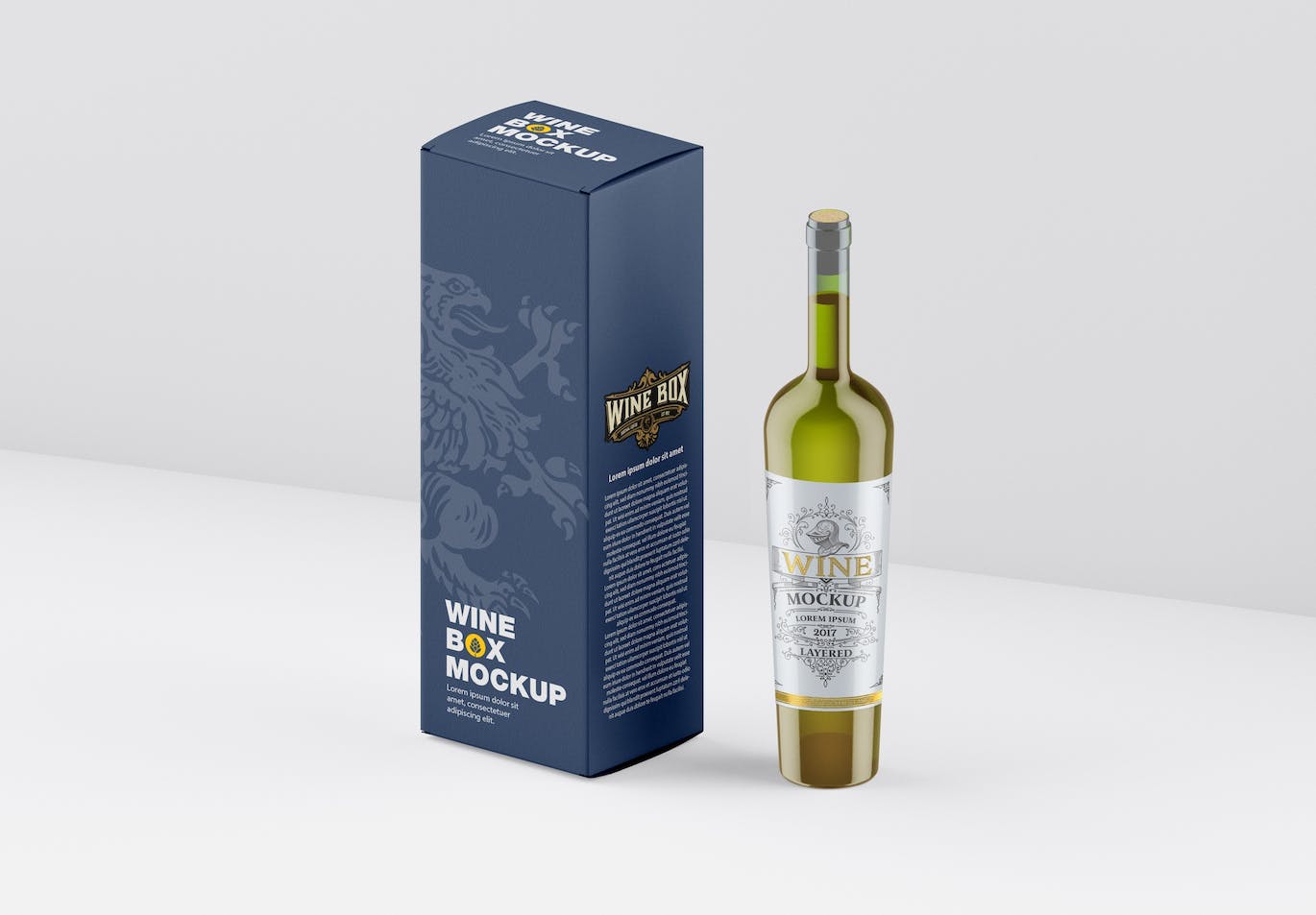 酒瓶和包装设计预览样机 Set Box and Wine Bottles Mockup