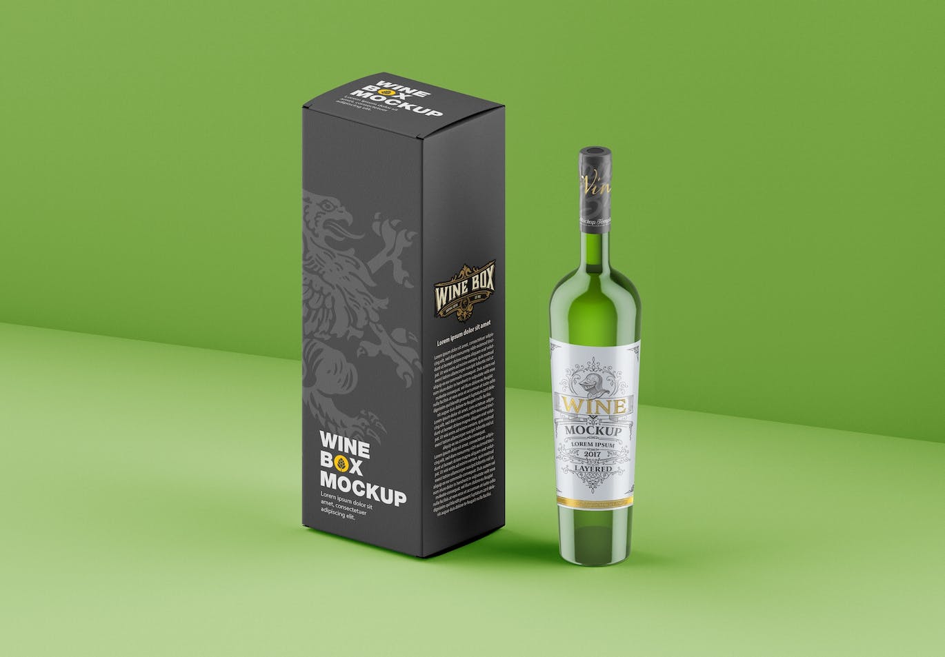 酒瓶和包装设计预览样机 Set Box and Wine Bottles Mockup