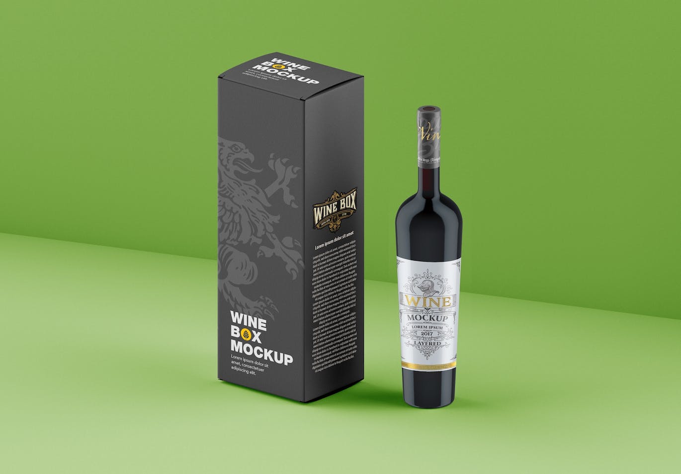 酒瓶和包装设计预览样机 Set Box and Wine Bottles Mockup