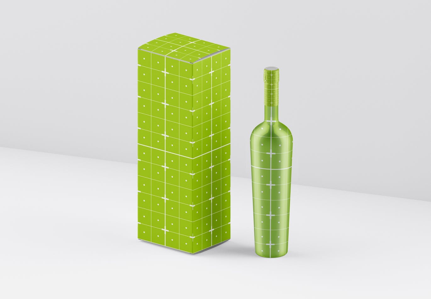 酒瓶和包装设计预览样机 Set Box and Wine Bottles Mockup