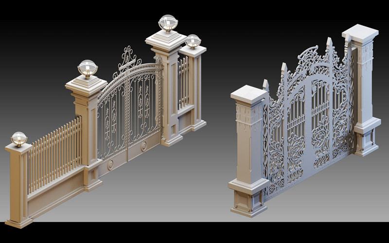 C4D高细节入口大门3D模型欧式装饰门大门厂门别墅门建筑基础白模_