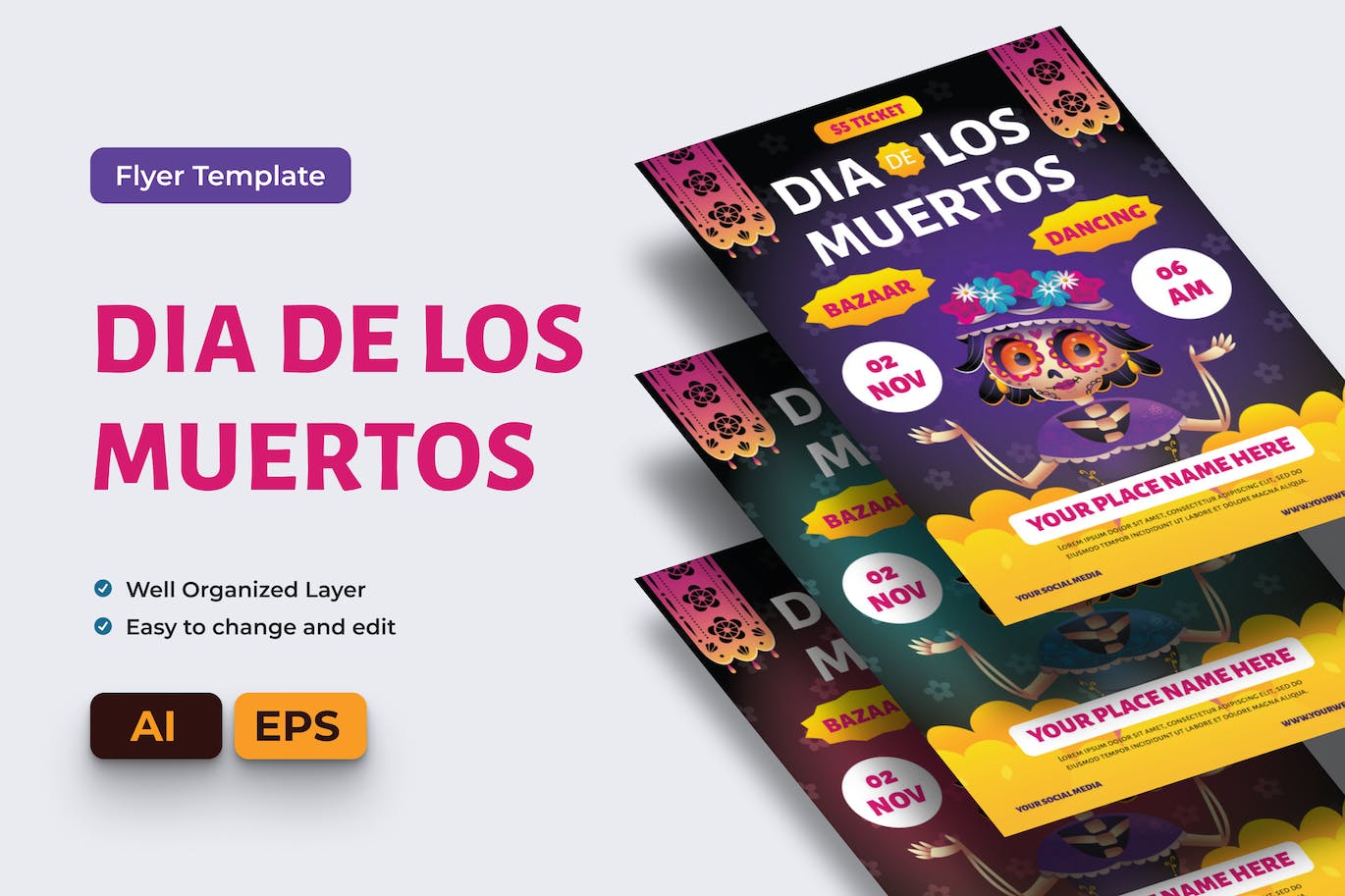 Dia De Muertos 节日传单设计模板 Dia De Muertos Festival Flyer Ai &#038; EPS Template