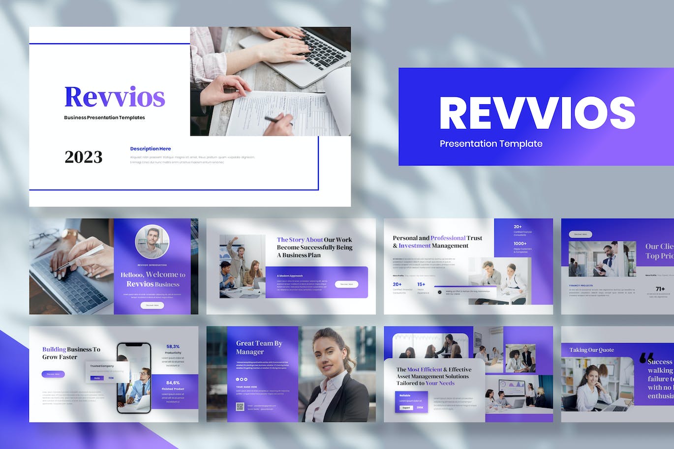 蓝色商业演示 Google Slide 幻灯片模板 Revvios &#8211; Business Presentation Google Slide