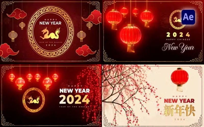 AE/PR/FCPX/达芬奇模板-中国风喜庆新年祥云灯笼宣传片头动画_