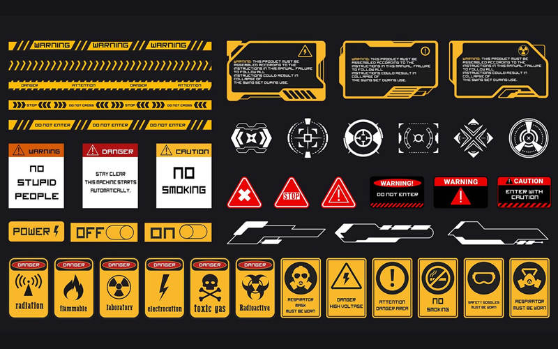 科幻工业符号信息贴花3D硬表面工业标志警告图标科技标志设计素材_
