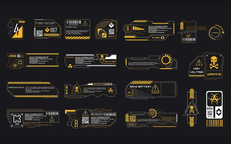 科幻工业符号信息贴花3D硬表面工业标志警告图标科技标志设计素材_