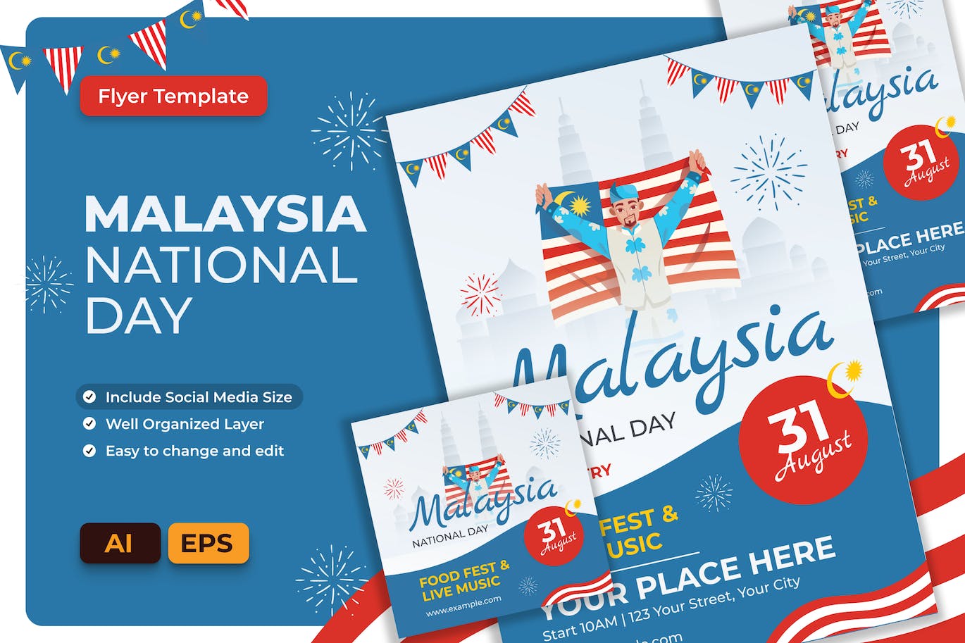 马来西亚国庆传单设计 AI 和 EPS 模板 Malaysia National Day Flyer AI &#038; EPS Template