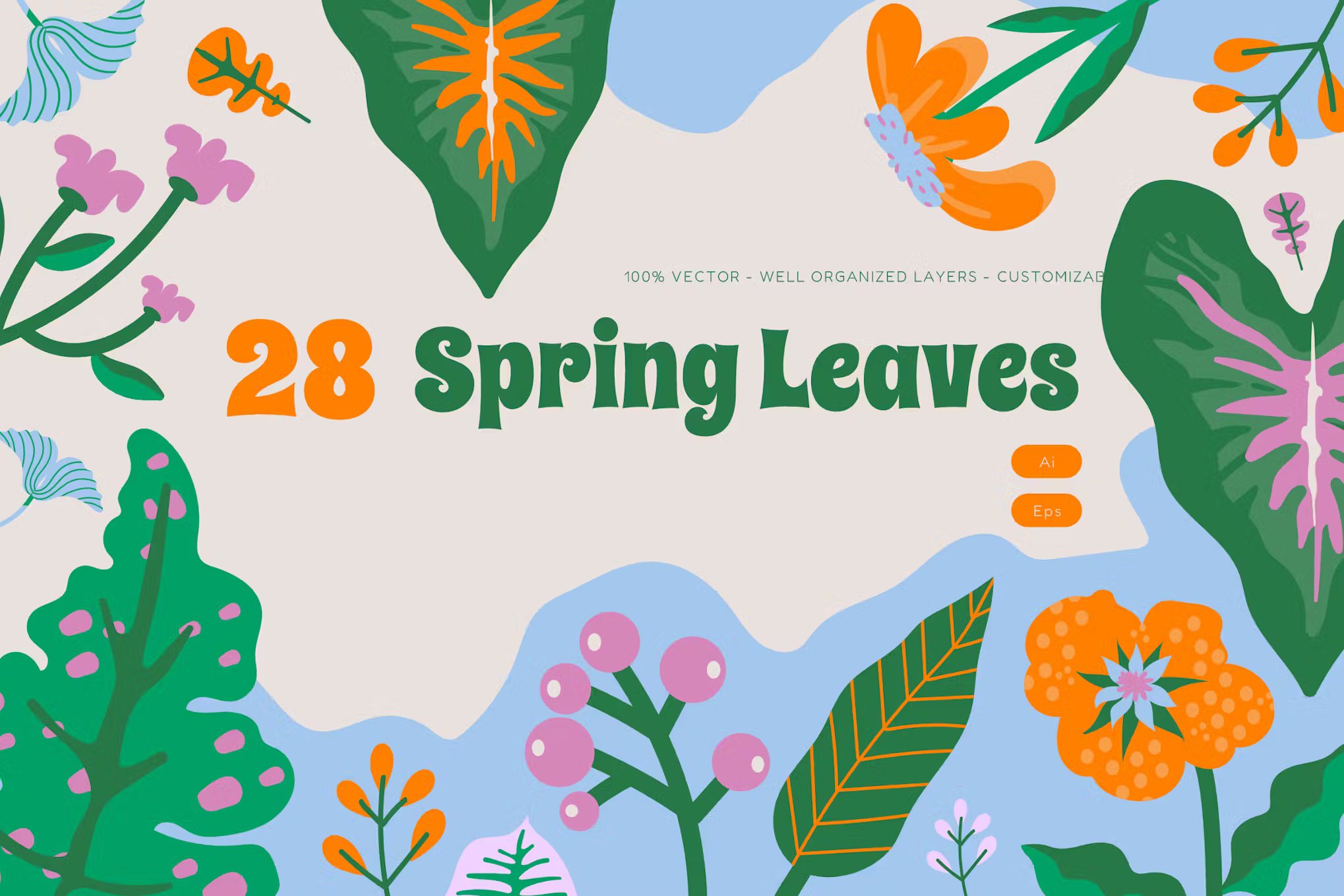 热带绿植叶子春天花卉包装平面设计AI矢量插图 White Flat Design Spring Leaves Asset Illustration -