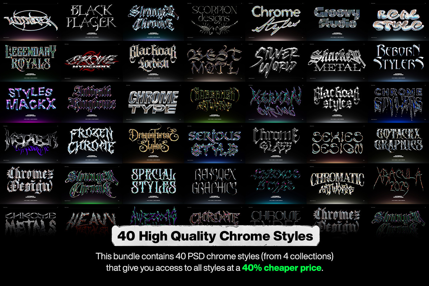 40款潮流金属3D镀铬标题Logo设计展示PS贴图样机模板套装 Chrome Text Styles Bundle（9481） -