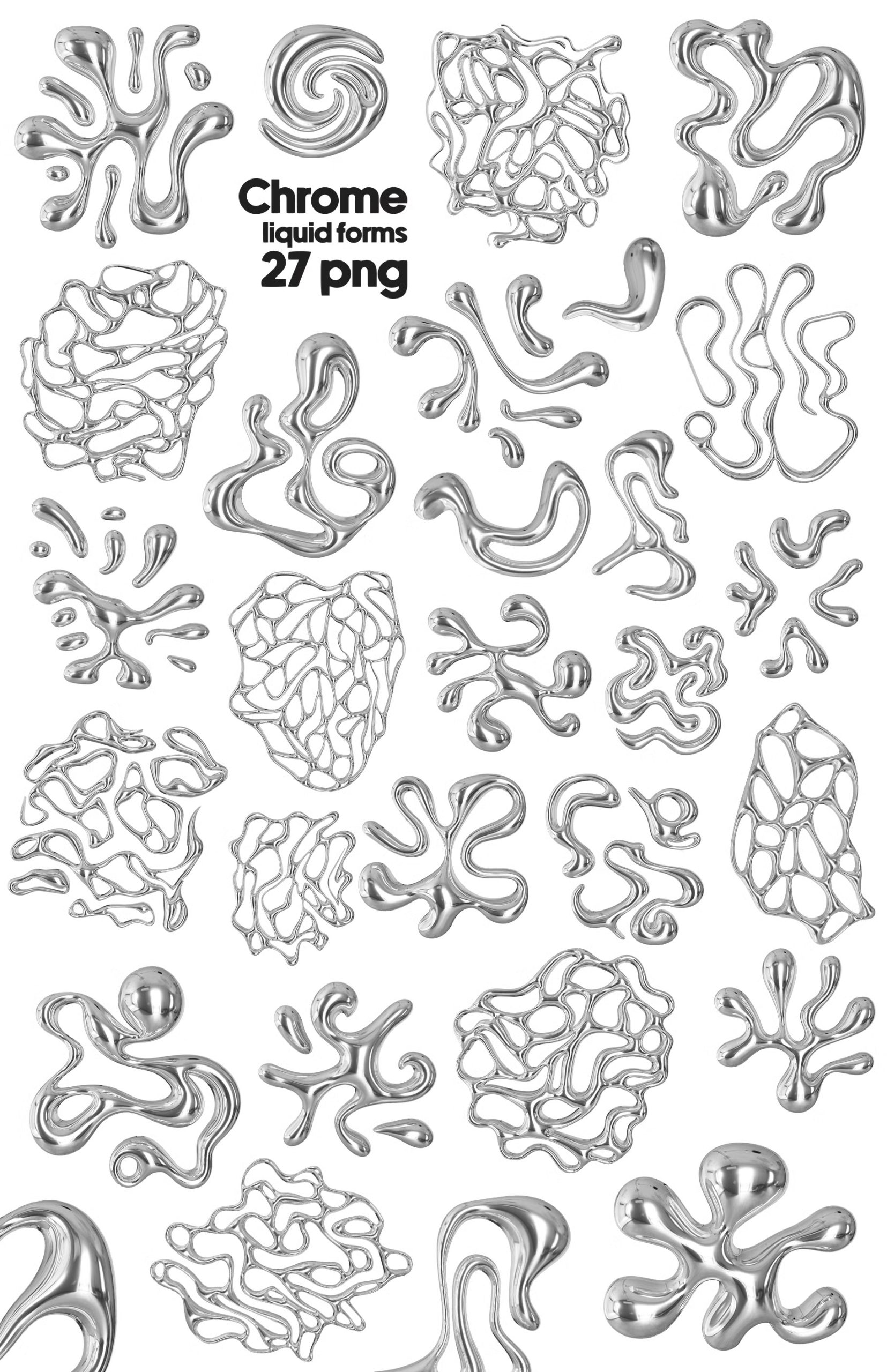 200多个3D银色金属镀铬形状Y2K未来科技赛博朋克机器人不规则平面影视图形 Chrome 3D Design Collection -