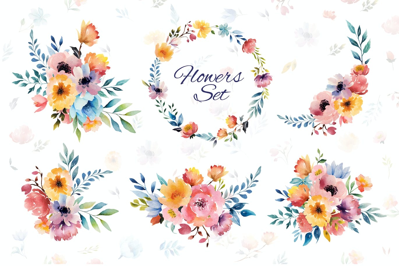 鲜花花束水彩插画素材 Watercolor Illustrations Flowers Bouquet