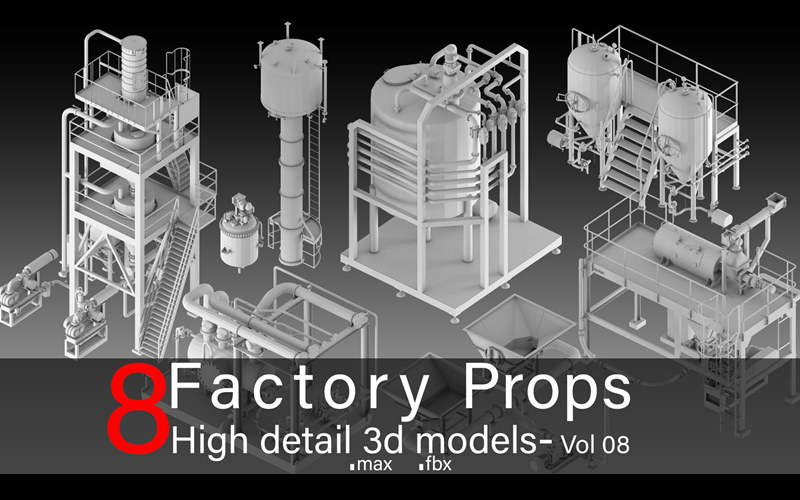 C4D高细节工厂设施3D模型运输管道储存罐加工设备建筑基础白模_