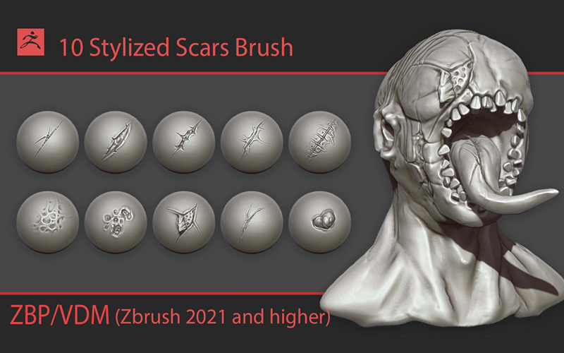 ZBrush风格化疤痕烧伤伤痕笔刷人体皮肤伤口受伤伤疤雕刻zb笔刷_