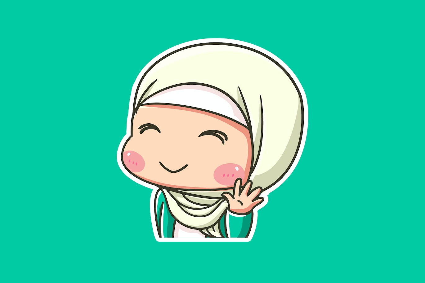 可爱的头盖女性矢量插画 Cute Female Hijab Smile and Wave Hi Illustration